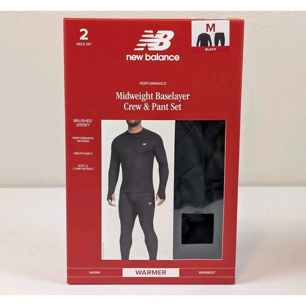 New Balance Men's Midweight Base Layer Crew & Pants Set Black Size MEDIUM New